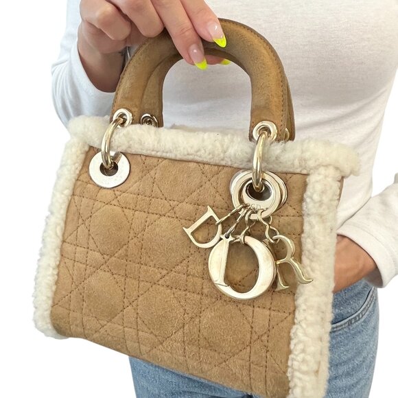 Christian Dior Lady Dior Cannage Mouton 2way Mini Bag Camel Gold Suede [105603] - Picture 3 of 15